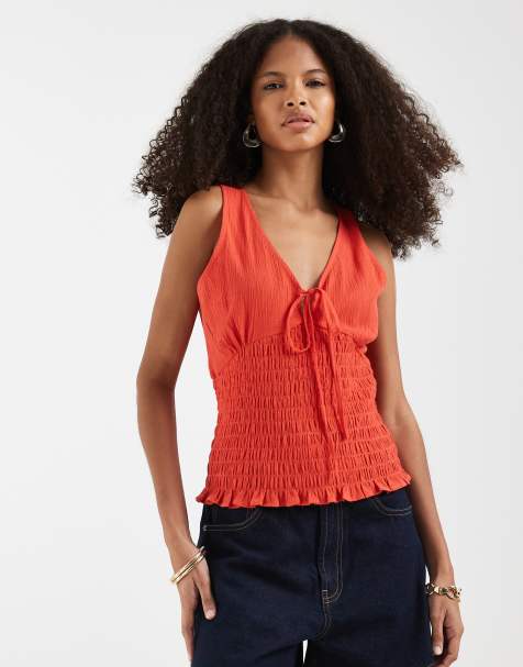 ASOS DESIGN shirred waist v neck cami in red - view 1