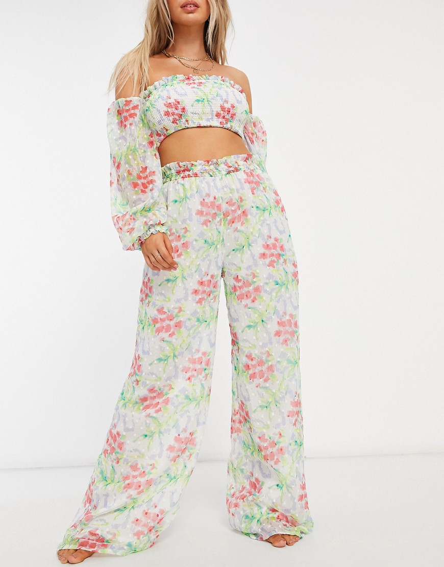 Asos Design Shirred Waist Wide-leg Beach Pants In Floral Dobby Matching Set-multi