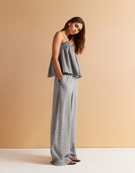 ASOS DESIGN shirred waist wide leg broderie trousers co-ord in washed grey - view 1