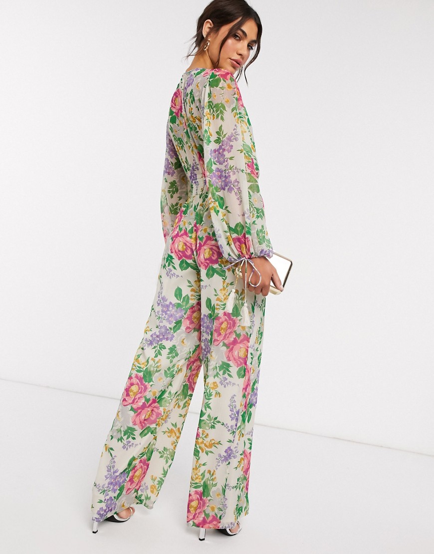 Alternative product photo of Asos design shirred waist wide leg jumpsuit in vintage floral print - multi