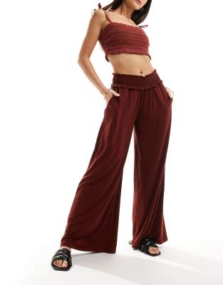 shirred waist wide leg pants in rust-Orange