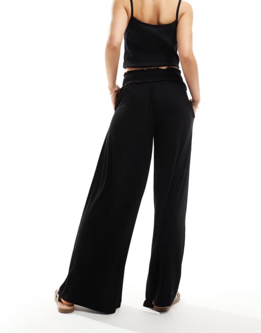 ASOS DESIGN shirred waist wide leg trouser in black, 3 of 5