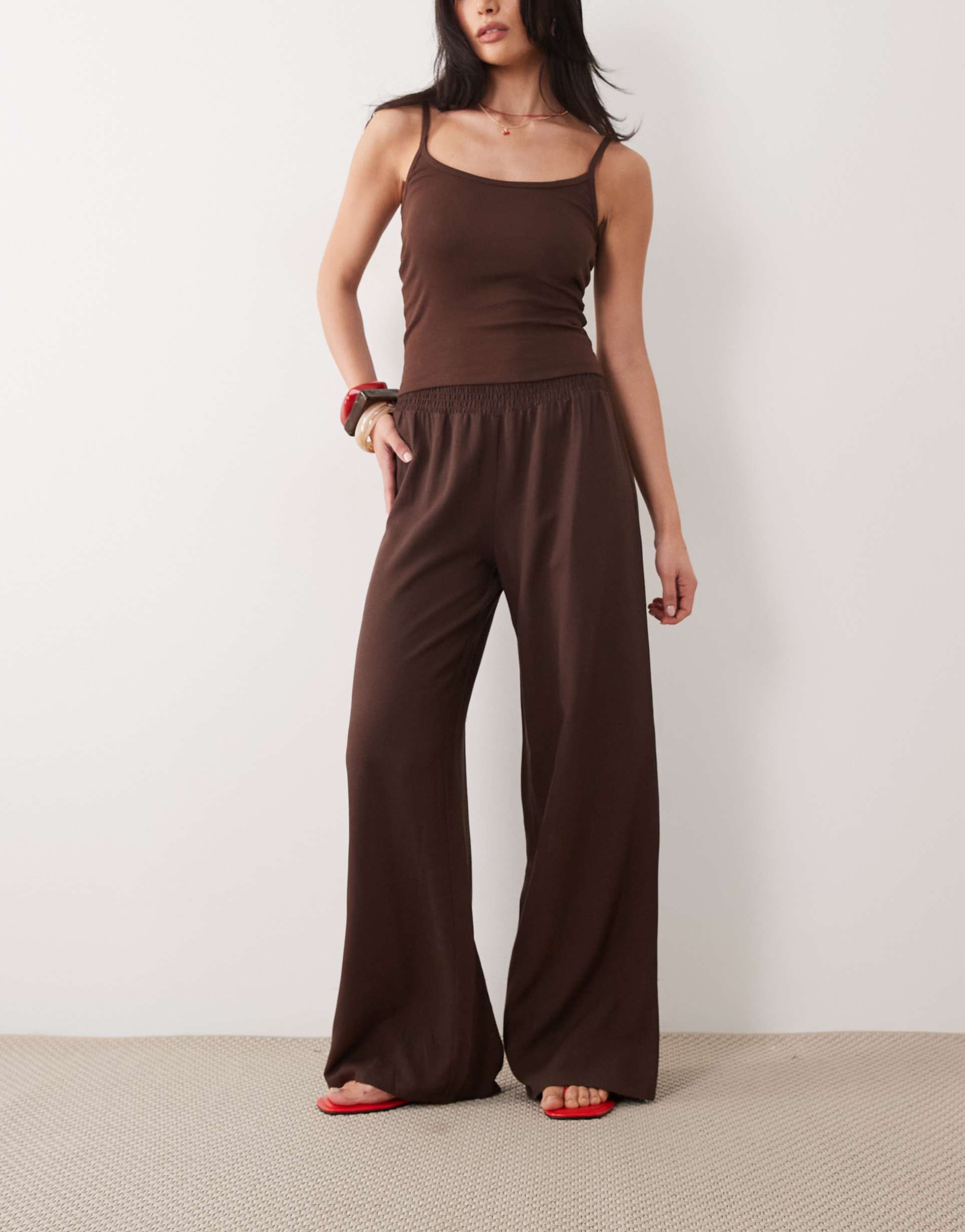 asos design shirred waistband pull-on pants in chocolate