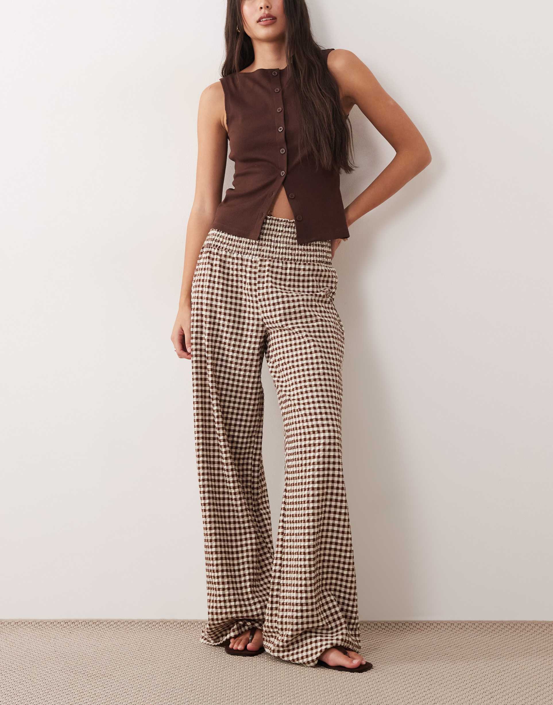 asos design shirred wide leg pants in brown gingham
