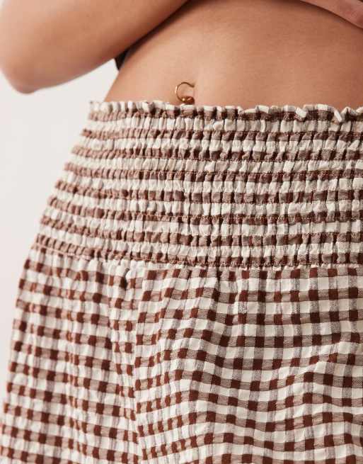 ASOS DESIGN shirred wide leg pants in brown gingham, 2 of 5