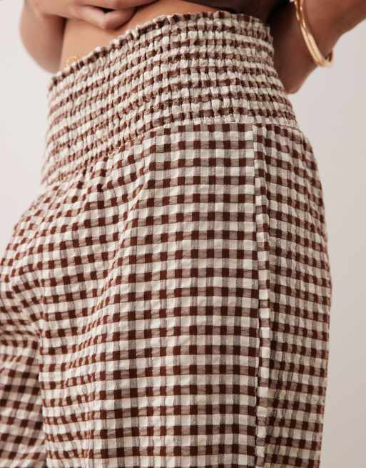 ASOS DESIGN shirred wide leg pants in brown gingham, 4 of 5