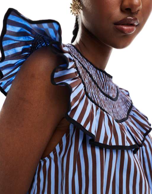 ASOS DESIGN shirred yoke top in blue and brown stripe