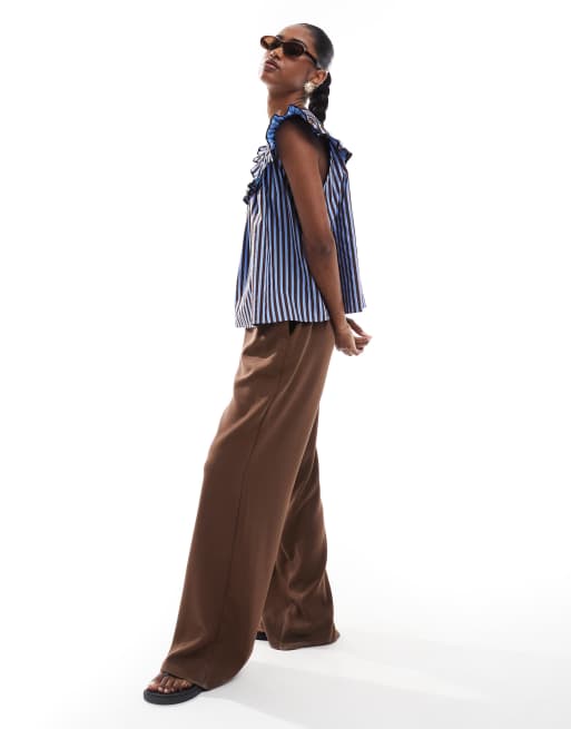 ASOS DESIGN shirred yoke top in blue and brown stripe, 3 of 4