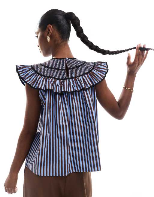 ASOS DESIGN shirred yoke top in blue and brown stripe