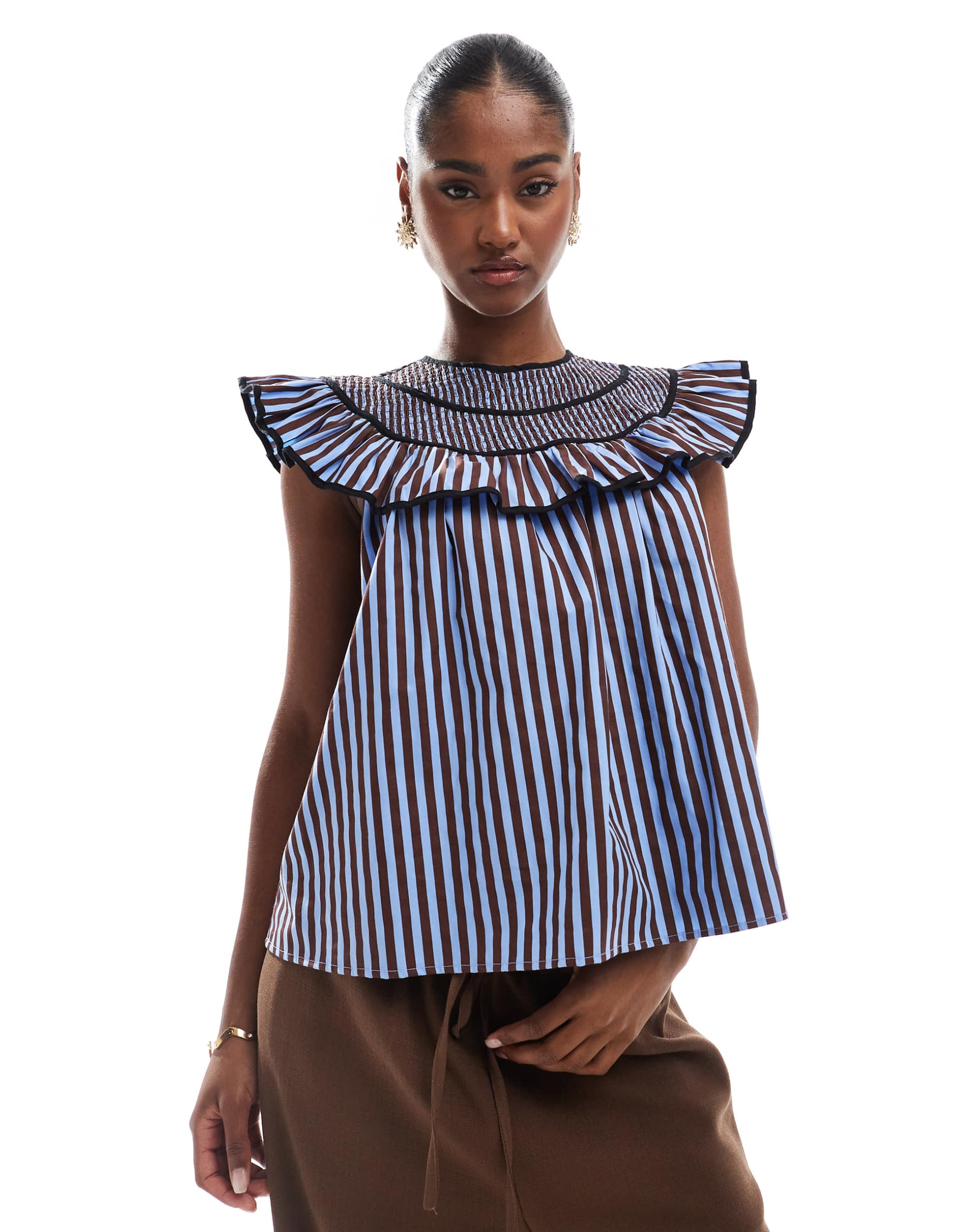 asos design shirred yoke top in blue and brown stripes