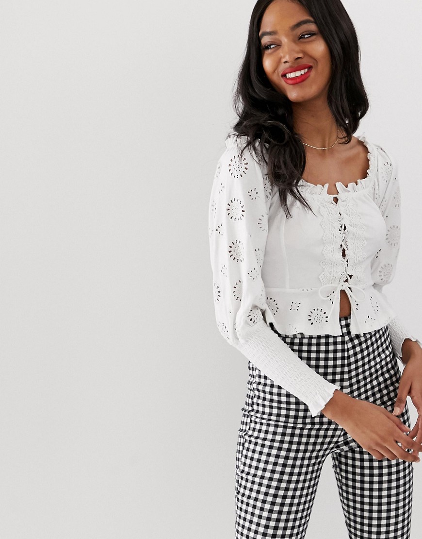 ASOS DESIGN shirring bardot top with broderie sleeve and lace up detail-White