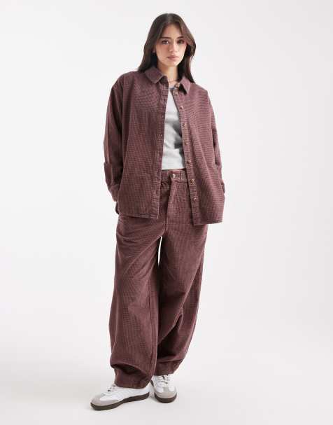 ASOS DESIGN Shirt and barrel trouser in bubble cord in mauve - PURPLE - view 1
