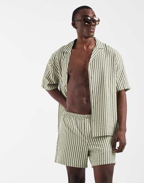 ASOS DESIGN shirt and shorts co-ord in green stripe - view 1