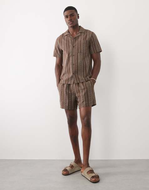 ASOS DESIGN shirt and shorts set in brown stripe - view 1