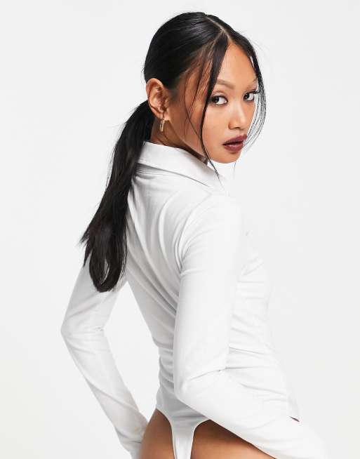 ASOS DESIGN shirt collar bodysuit with ruching in white