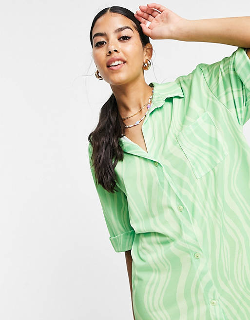 Women shirt dress in green abstract swirl print 