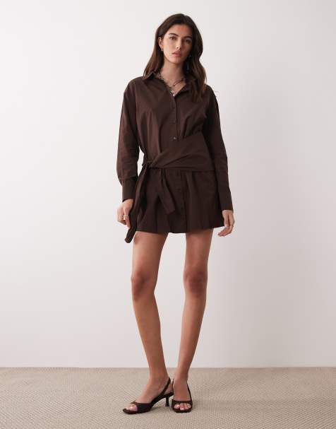 ASOS DESIGN shirt dress with scarf tie detail in chocolate brown