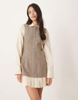 ASOS DESIGN shirt hybrid mini dress with peplum hem in tan plaid-Multi