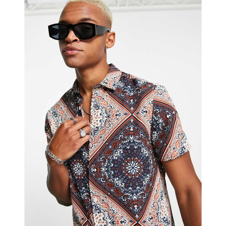 Navy regular fit bandana print revere shirt