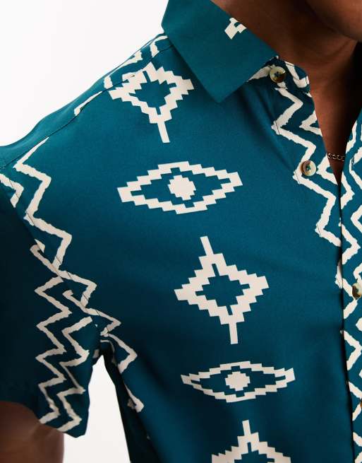 ASOS DESIGN shirt in teal aztec print | ASOS