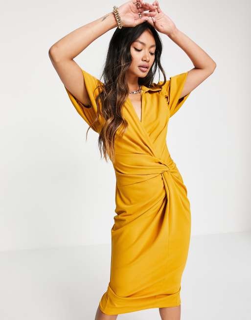 ASOS DESIGN shirt knot detail wrap midi dress in mustard ASOS