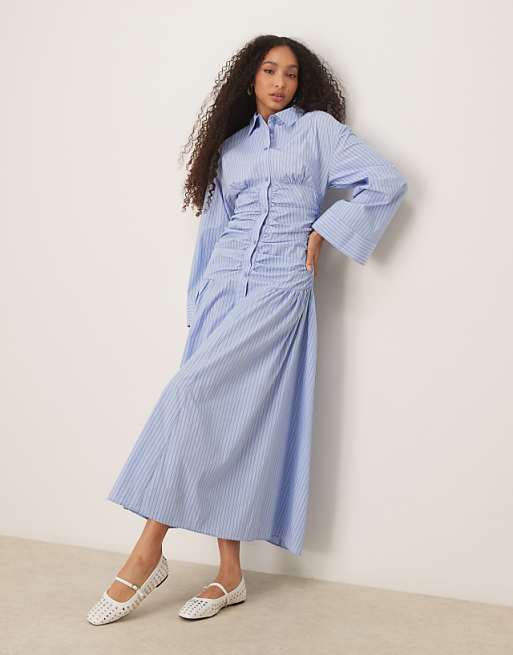 Ruched Bodice Tie - Front Pastel Blue Bardot Blouse Ruched Bodice Tie - Front Pastel Blue Bardot Blouse