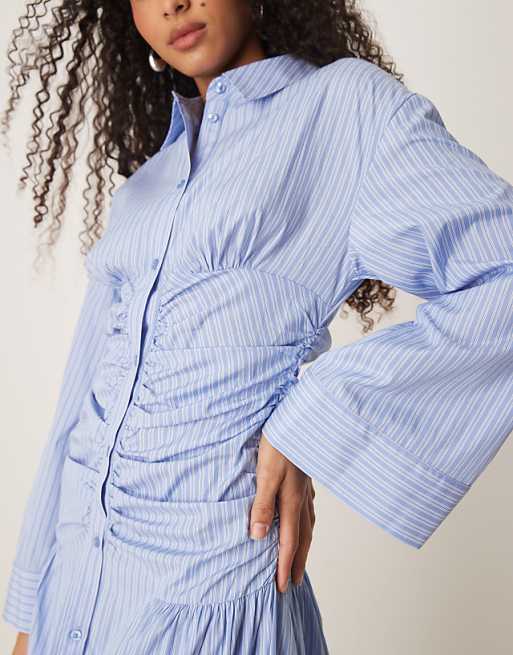 Ruched Bodice Tie - Front Pastel Blue Bardot Blouse Ruched Bodice Tie - Front Pastel Blue Bardot Blouse