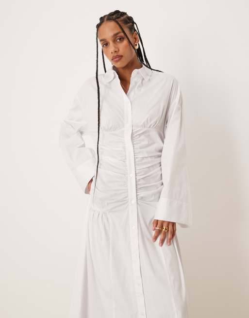 ASOS DESIGN shirt maxi dress with ruched bodice and dropped waist in white, 4 of 4