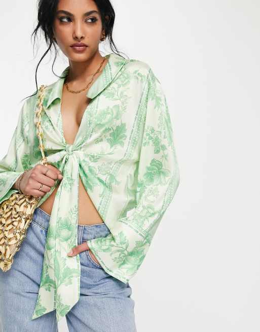 ASOS DESIGN - Shirt met geknoopte voorkant, kimonomouwen en print van bloemenbehang in groen
