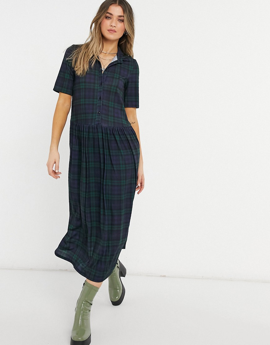 ASOS DESIGN shirt midaxi dress with short sleeves in dark green and blue plaid print-Blues