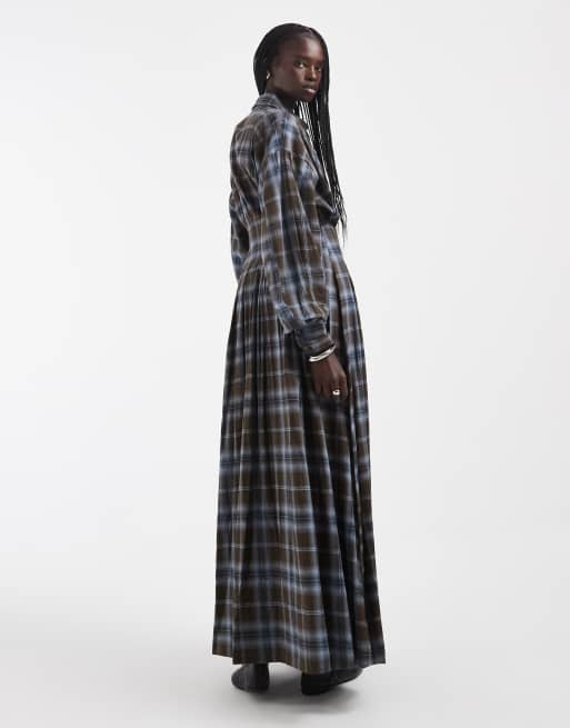 ASOS DESIGN shirt midi dress with nipped waist in chocolate check, 3 of 4