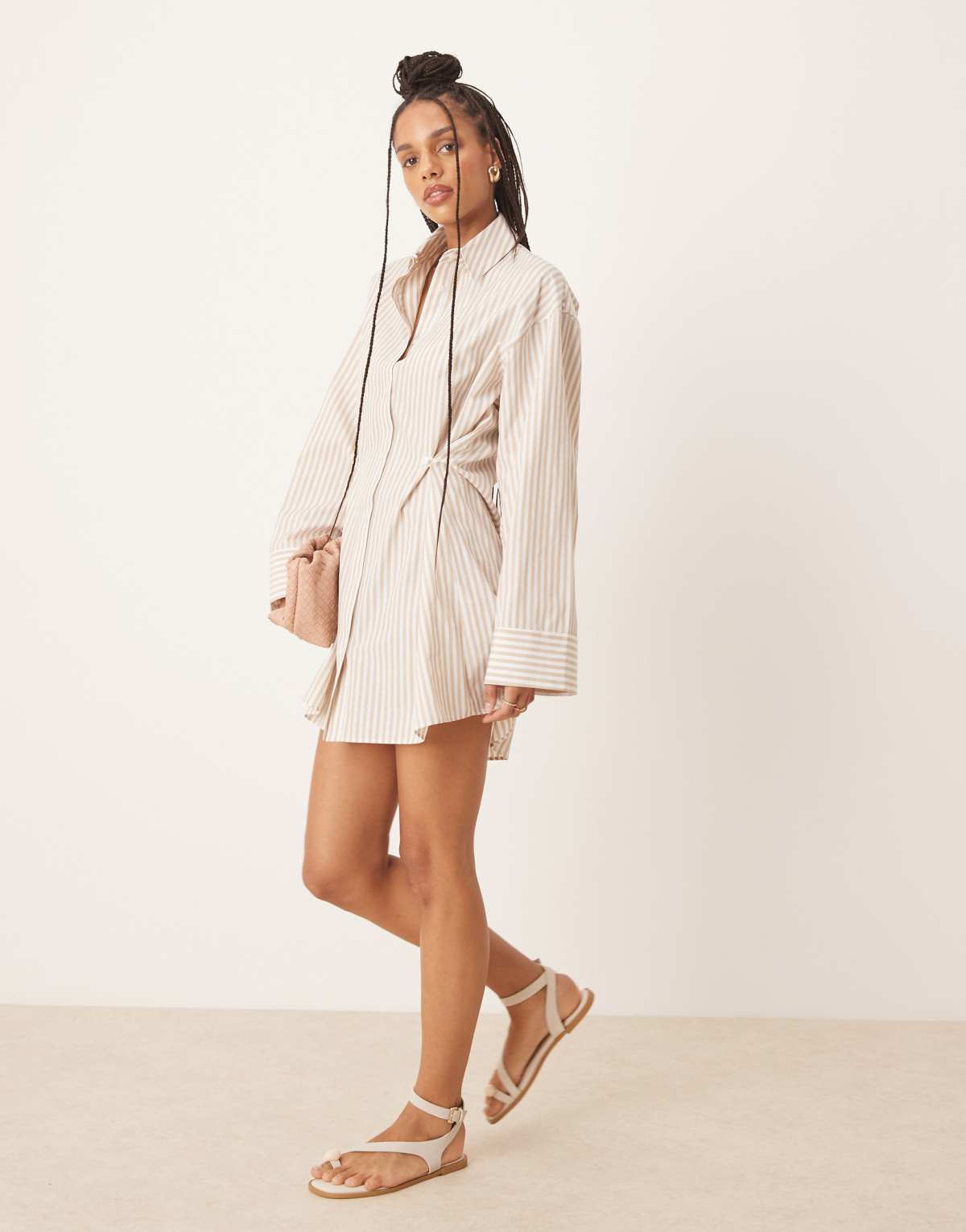 ASOS DESIGN shirt mini dress cinched waist button detail in sand stripe