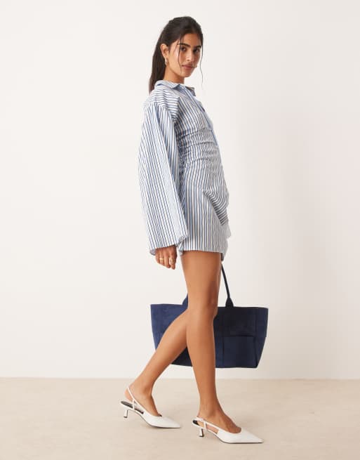 ASOS DESIGN shirt mini dress with cinched waist and flared sleeve in blue stripe