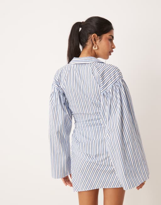 ASOS DESIGN shirt mini dress with cinched waist and flared sleeve in blue stripe
