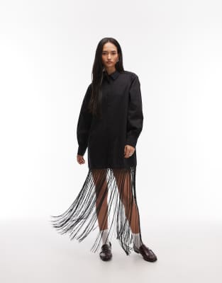 Asos Design Shirt Mini Dress With Fringe Hem In Black