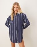 [ASOS DESIGN] ASOS DESIGN shirt mini dress with hi lo curved hem in navy stripe-Multi 14 Navy Stripe