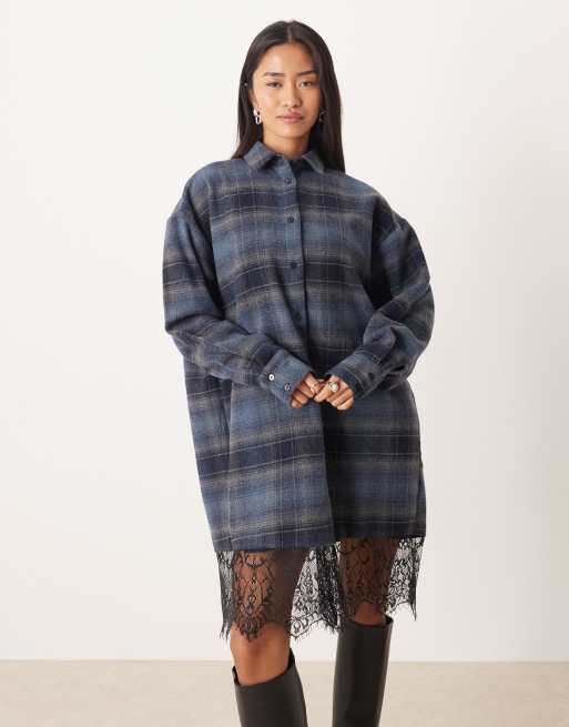 ASOS DESIGN shirt mini dress with high low curved hem in grey and tan check, 2 of 4