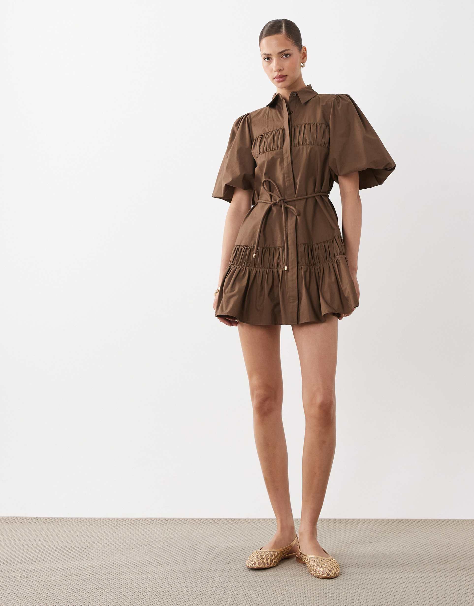 asos design shirt mini dress with puff sleeve and tie detail in chocolate