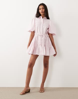 Asos Design Shirt Mini Dress With Puff Sleeve And Tie Detail In Pink