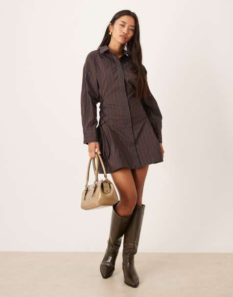 ASOS DESIGN shirt mini dress with waist lace up detail in chocolate stripe - view 1