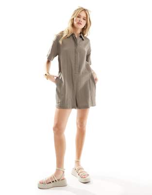 Asos Design Shirt Romper In Charcoal-gray