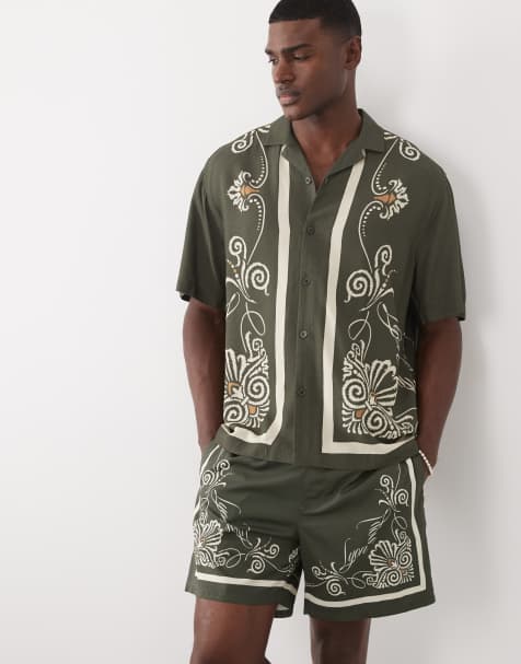 ASOS DESIGN shirt & swim set with border print in black - view 1