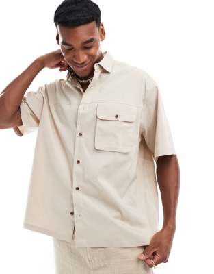 Asos Design Shirt With Cargo Pockets In Stone-neutral
