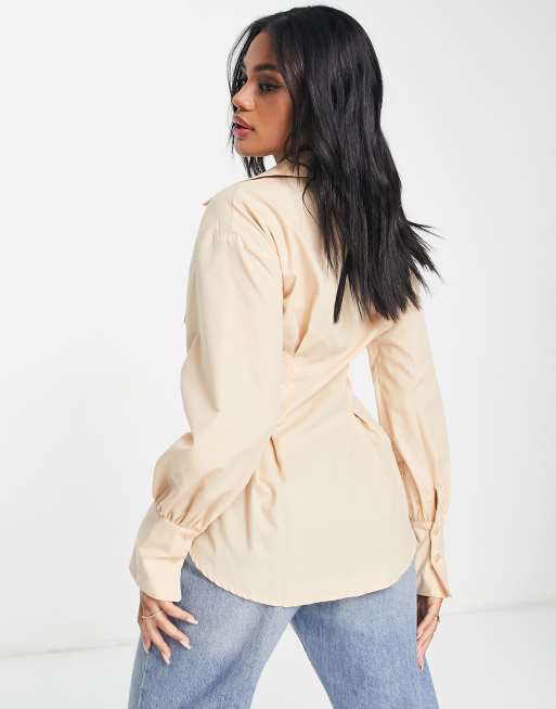ASOS DESIGN shirt with corset waist detail in stone, 3 of 4