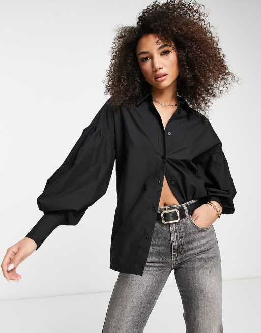 ASOS DESIGN shirt with cuffed volume sleeve in black | ASOS