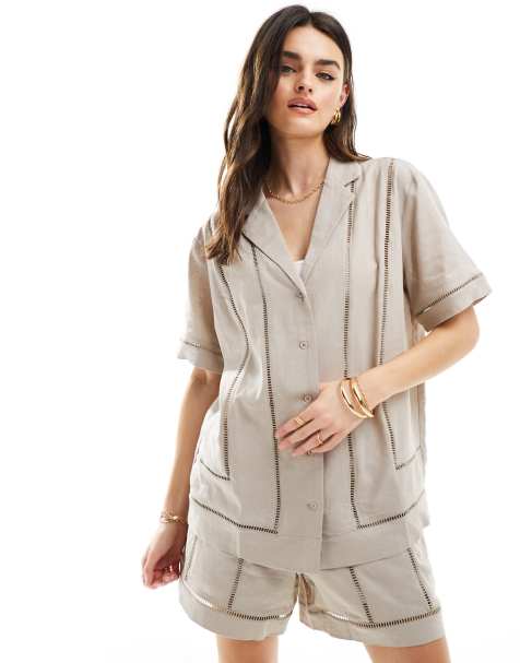 ASOS DESIGN shirt with cutwork detail in taupe - view 1