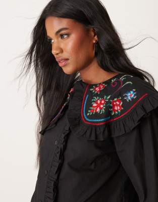 ASOS DESIGN shirt with embroidered frill collar in black