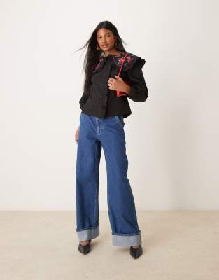 ASOS DESIGN shirt with embroidered frill collar in black