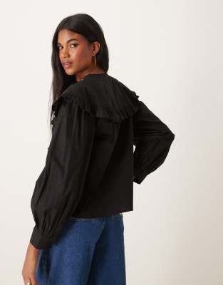 ASOS DESIGN shirt with embroidered frill collar in black