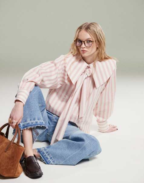 ASOS DESIGN shirt with large collar and tie detail in pink stripe - view 1